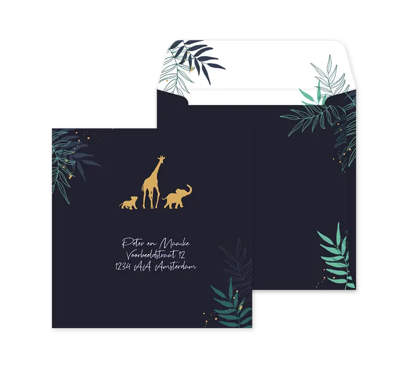 Stoere envelop op maat met silhouetjes van jungledieren