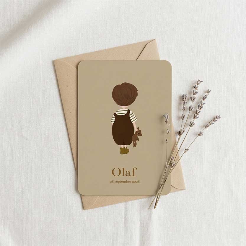 Geboortekaartje jongen knuffel beer tuinbroek bruin