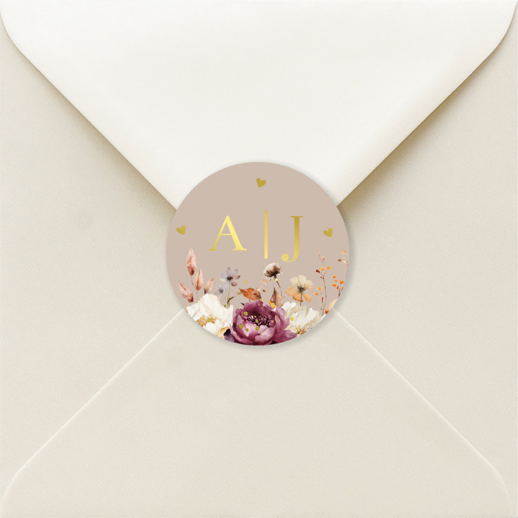 Stickers huwelijk beige bloemen paars goudfolie