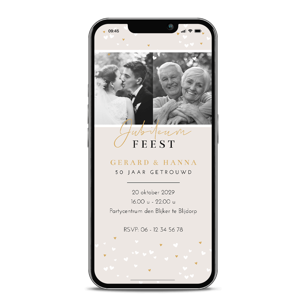 Digitale uitnodiging met hartjes en foto voor een huwelijksjubileum