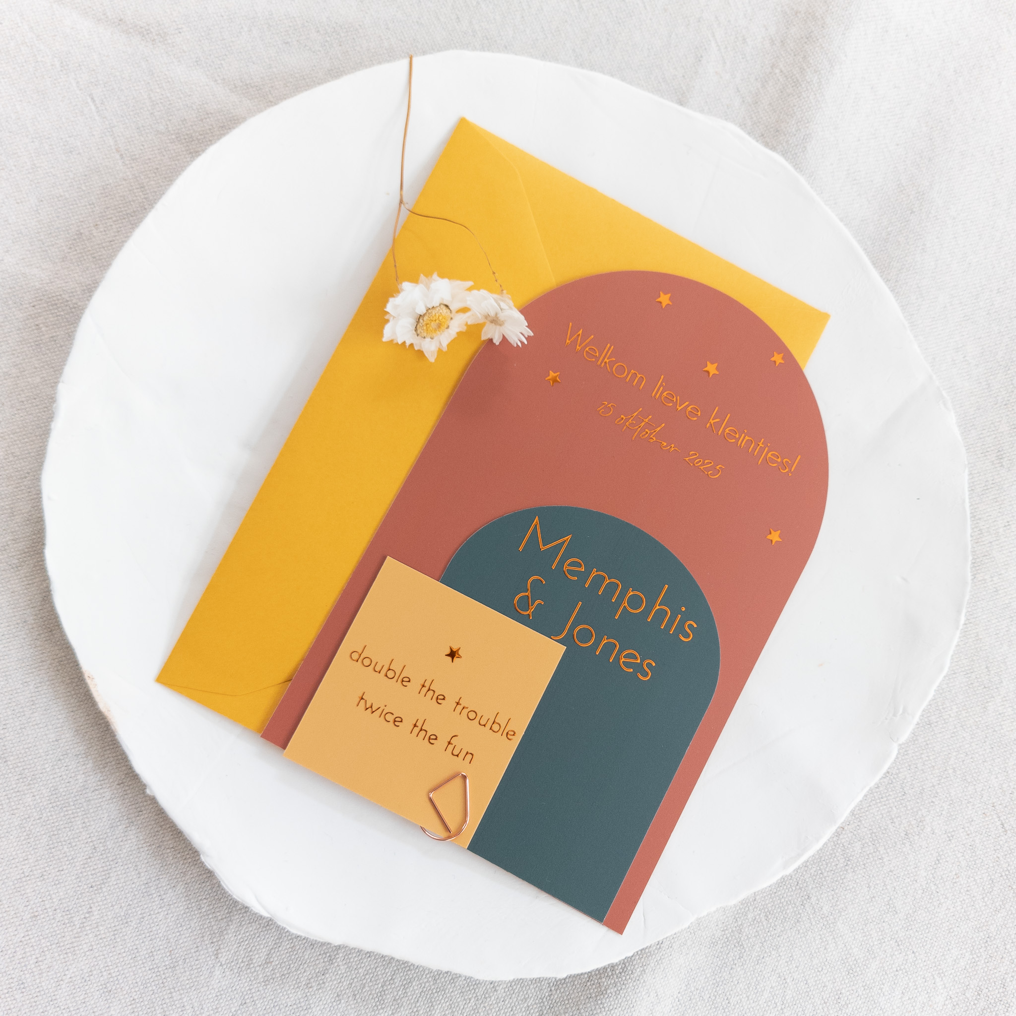 tweeling geboortekaart boogvorm met rechthoek