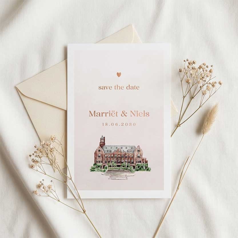 Klassieke Save the Date met kader trouwlocatie en hartje