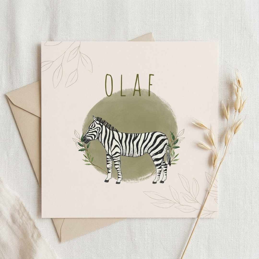 Geboortekaartje zebra blaadjes