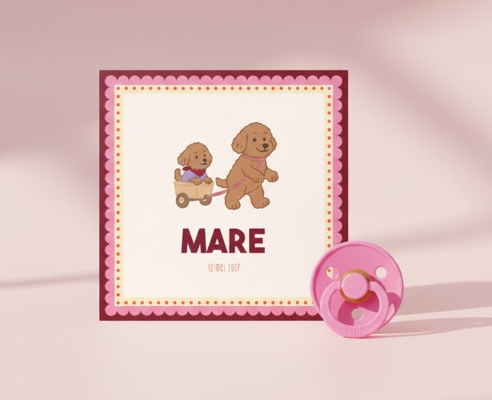 Geboortekaartje Honden Zusjes roze burgundy Mare
