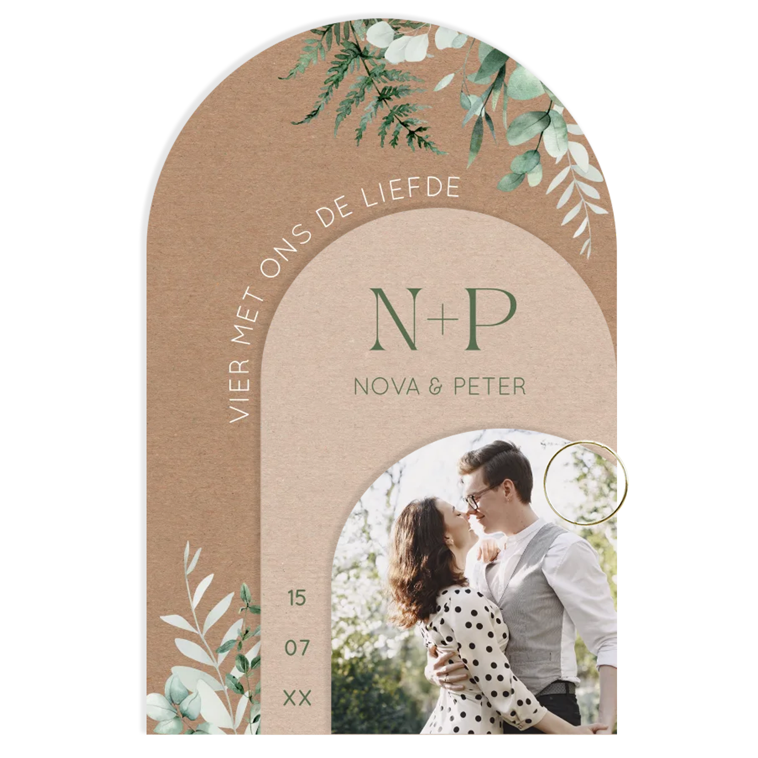 Stapelkaart trouwkaart botanisch bladeren groen kraft fotolabel