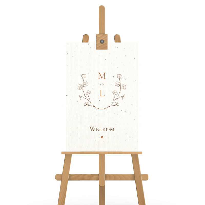 Welkomstbord bruiloft vlekjes schets bloemenkrans