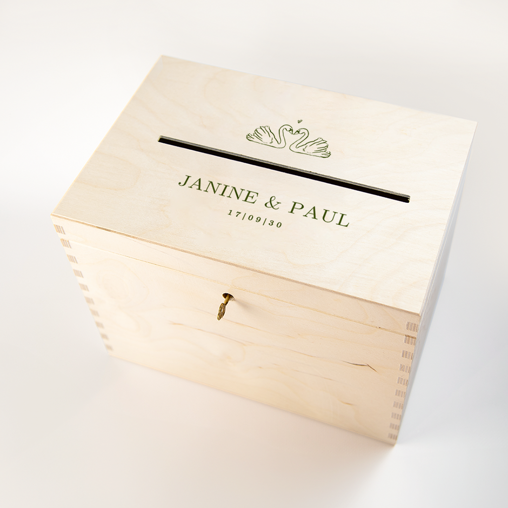 Klassieke enveloppenkist bruiloft met zwanen