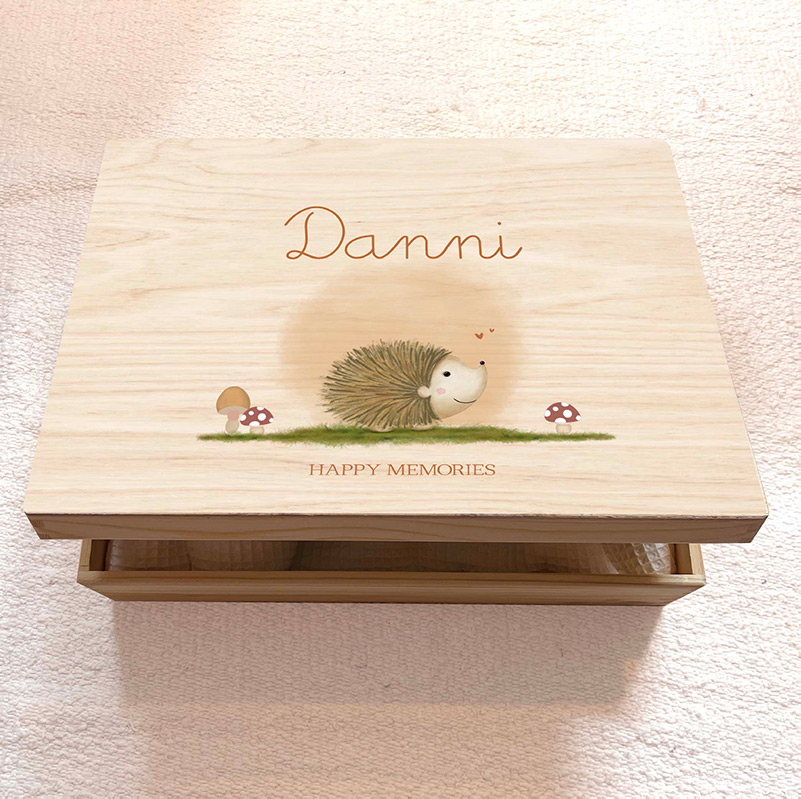 Houten memory box met egeltje en paddenstoelen – Danni