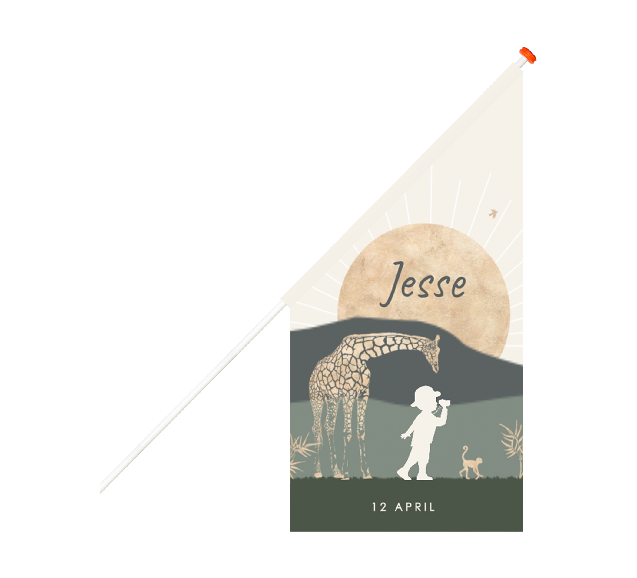 Avontuurlijke geboortevlag met landschap, silhouet en jungledieren