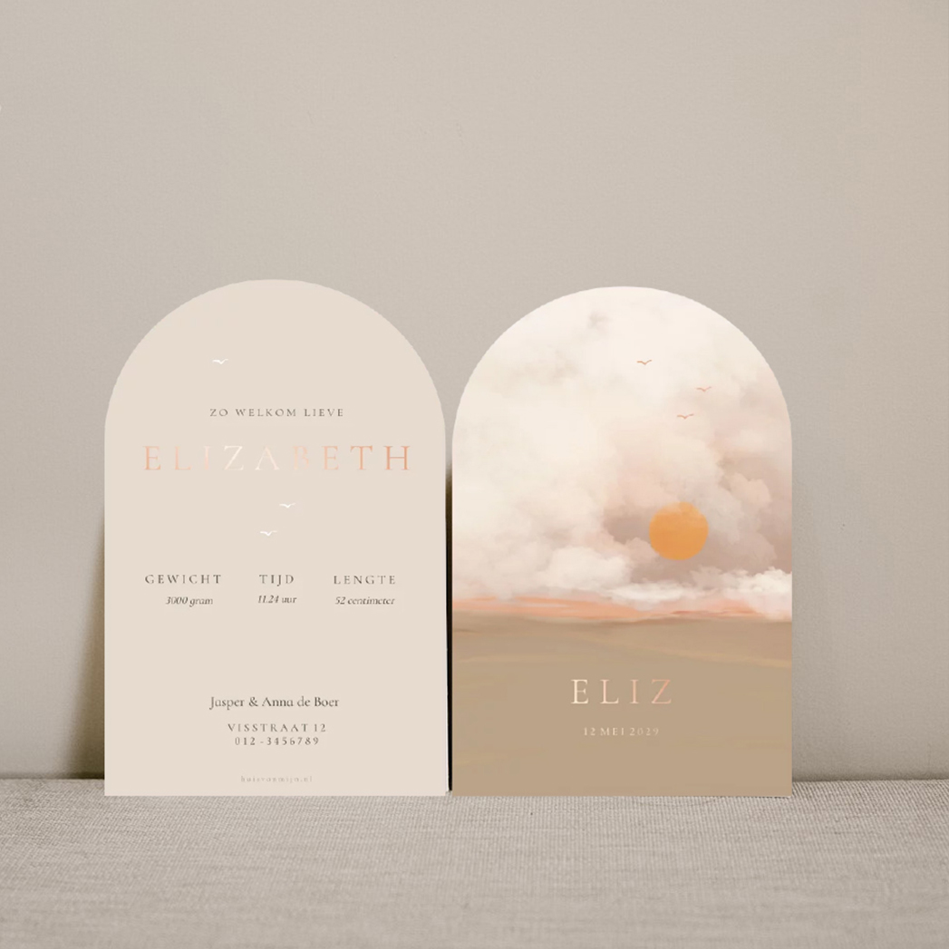 Geboortekaart boog zon watercolor illustratie roze