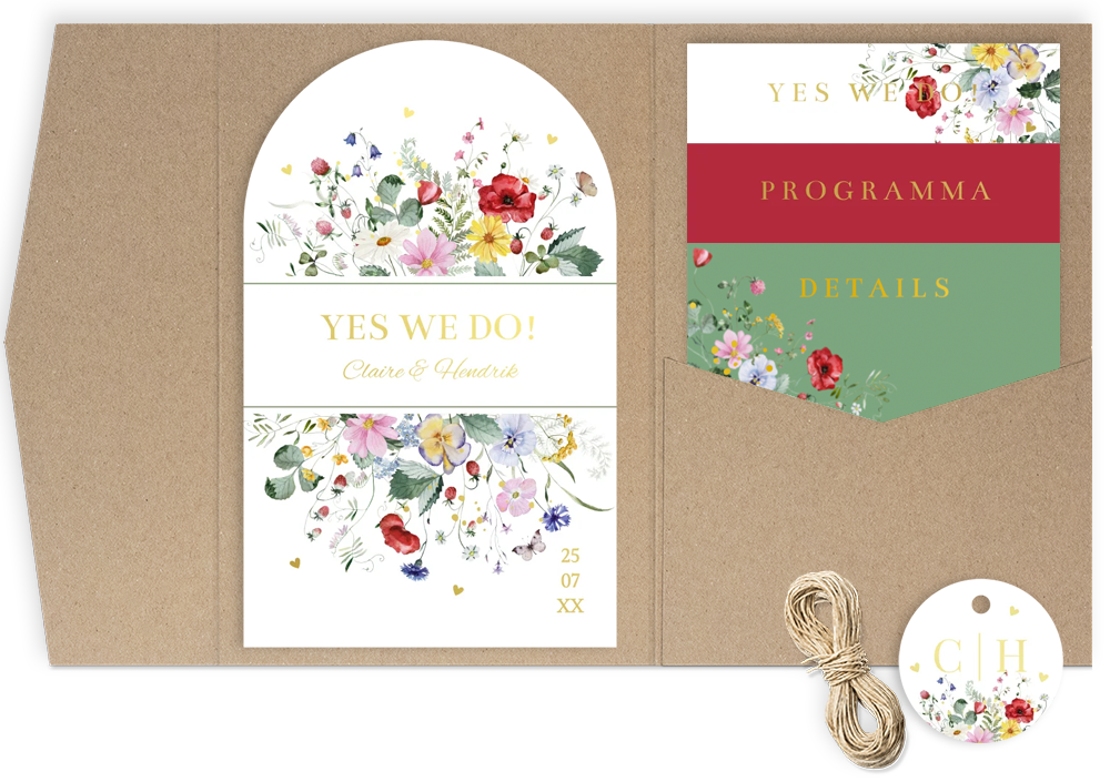 Pocketfold trouwkaart veldbloemen rood geel goudfolie