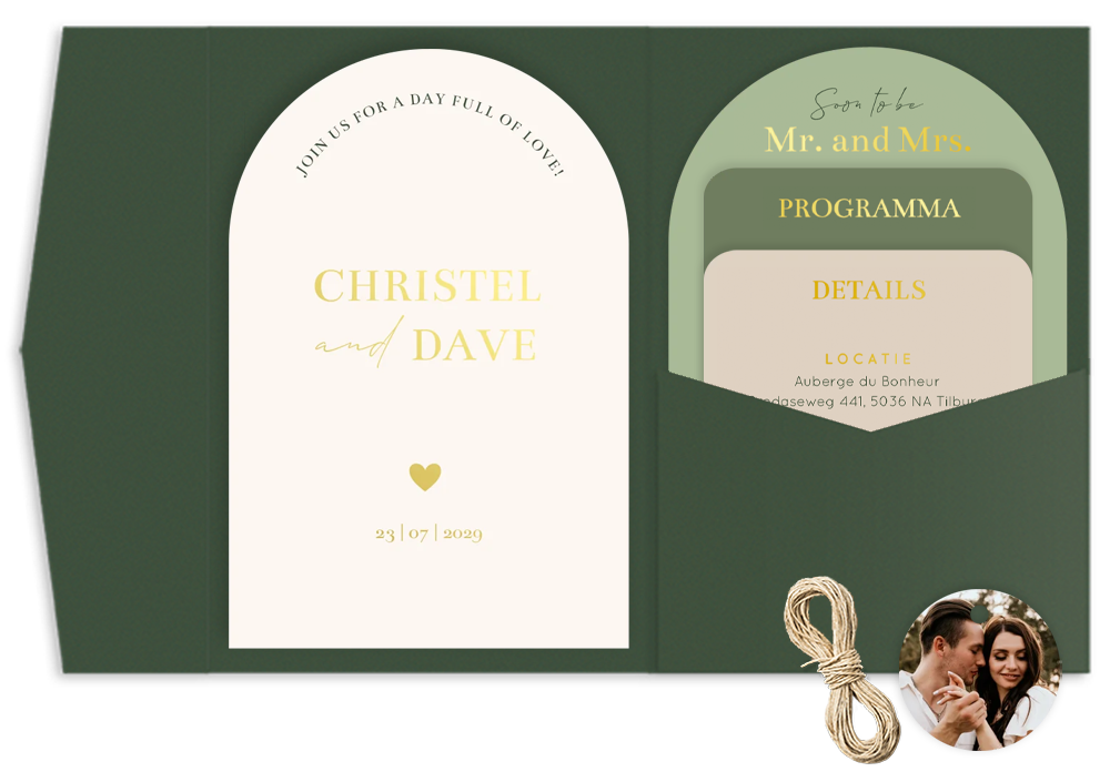 Pocketfold trouwkaarten set groen boog vorm goudfolie