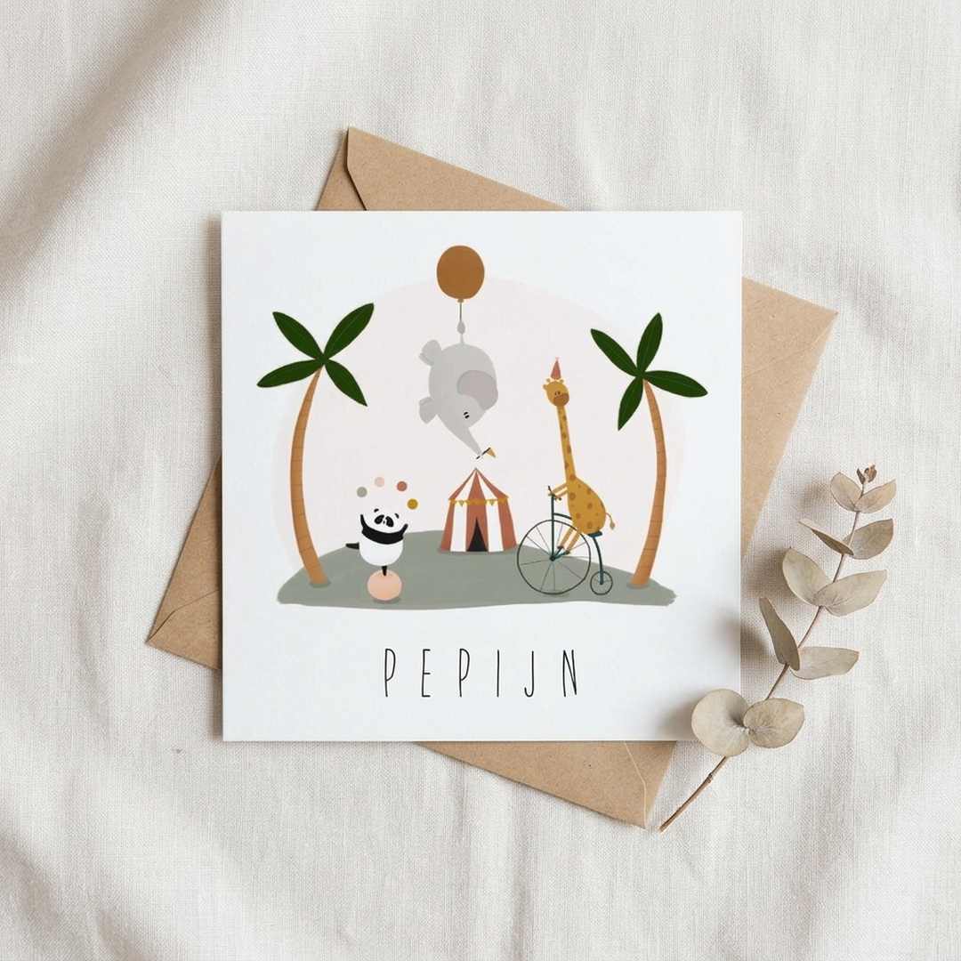 Geboortekaartje circus pandabeer olifant giraffe