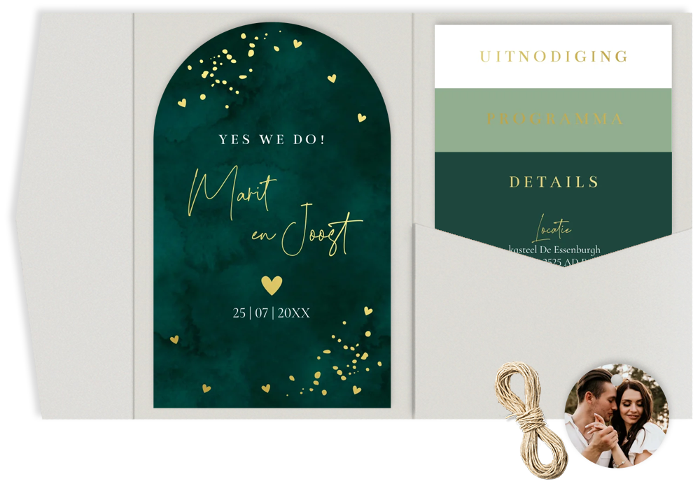 Pocketfold trouwkaart donkergroen met goudfolie trouw icoontjes