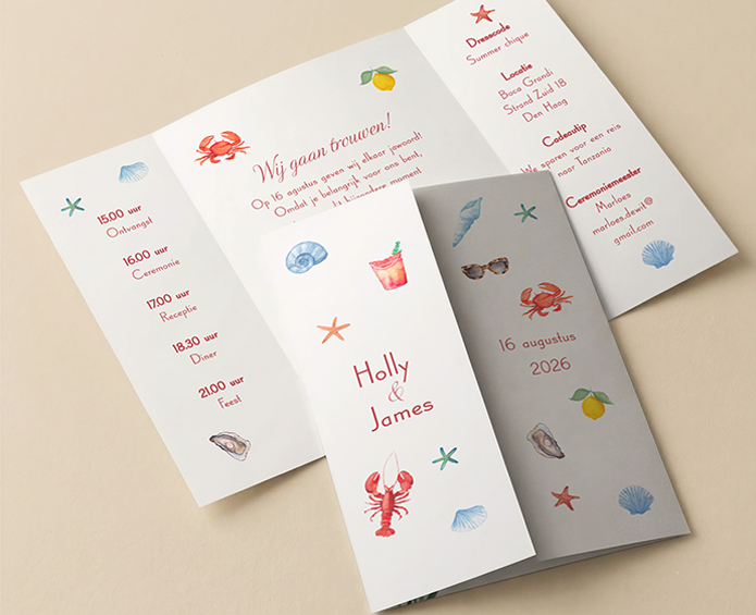 Trouwkaart uitnodiging theatervouw Aquarel Beach Holly James