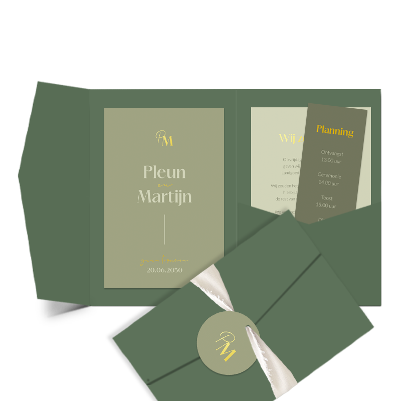 Pocketfold trouwkaart met initialen, goudfolie en echte strik