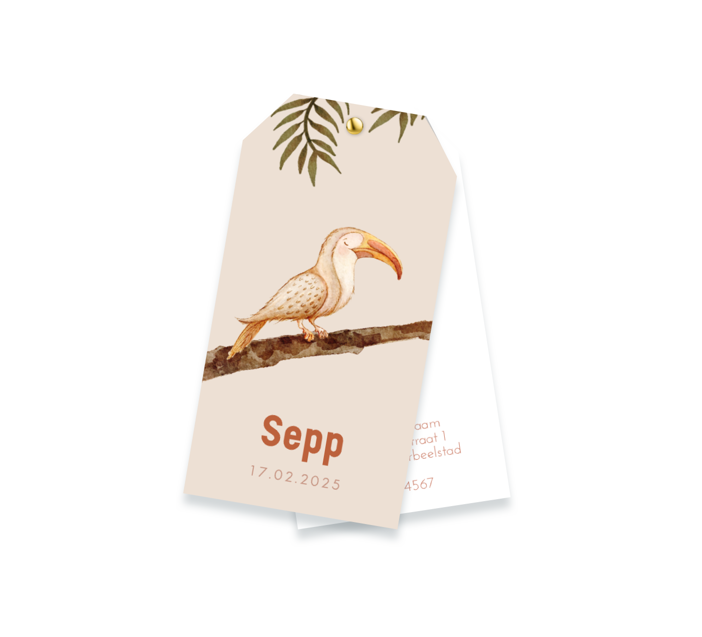 Stoere jungle label geboortekaartje met illustratie van vogel