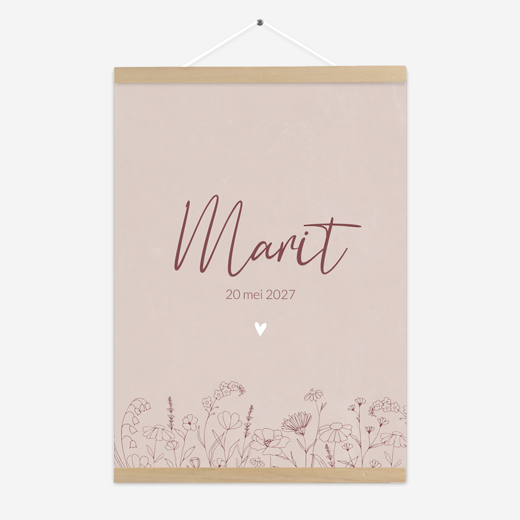 Poster Roze Bloemen Lijntekening