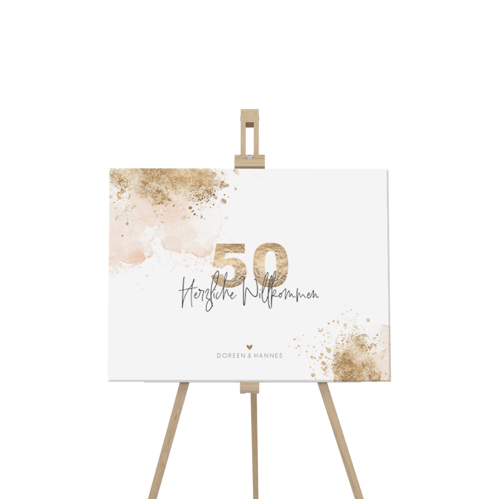 Willkommensschild zur Goldenen Hochzeit in Weiss, Gold, Rosa 80x60