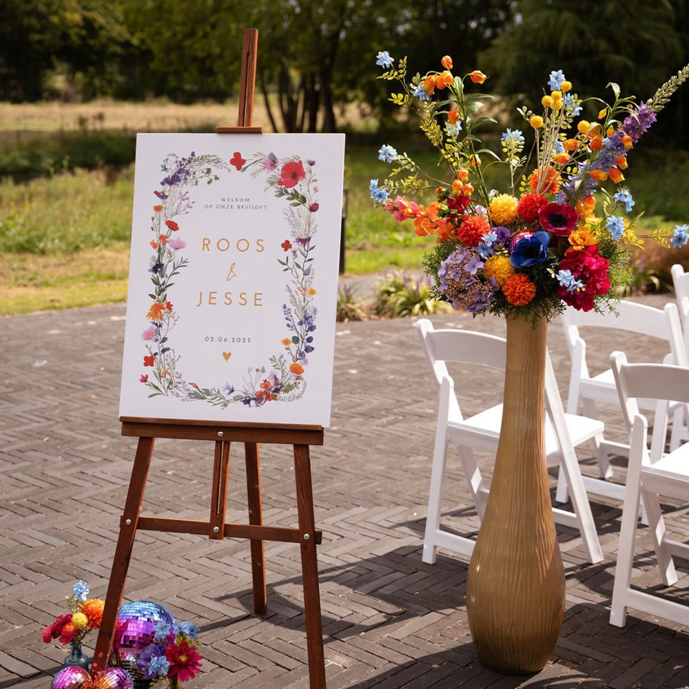 Welkomstbord bruiloft bloemen wildflower