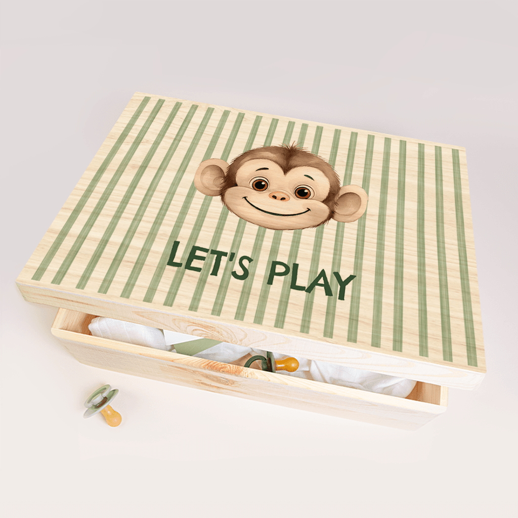Houten memorybox met groene strepen, aap en tekst