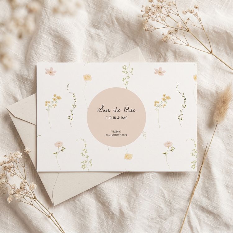 Save the date kaart pastel kleuren veldbloemen