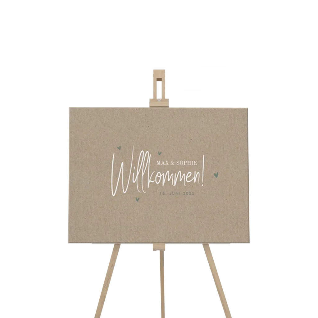 Willkommensschild mit grünen Herzen auf Kraftoptik 80x60