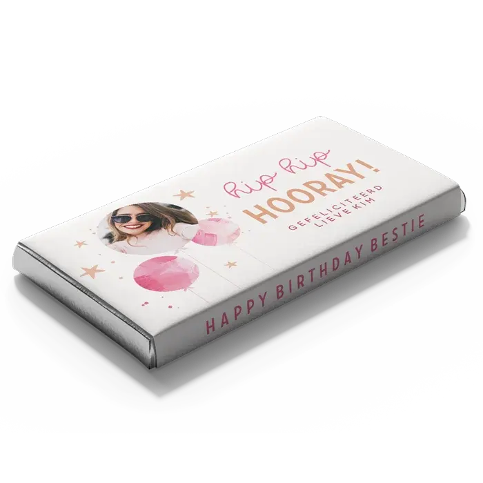 Chocoladereep met eigen wikkel met roze ballonnen en foto