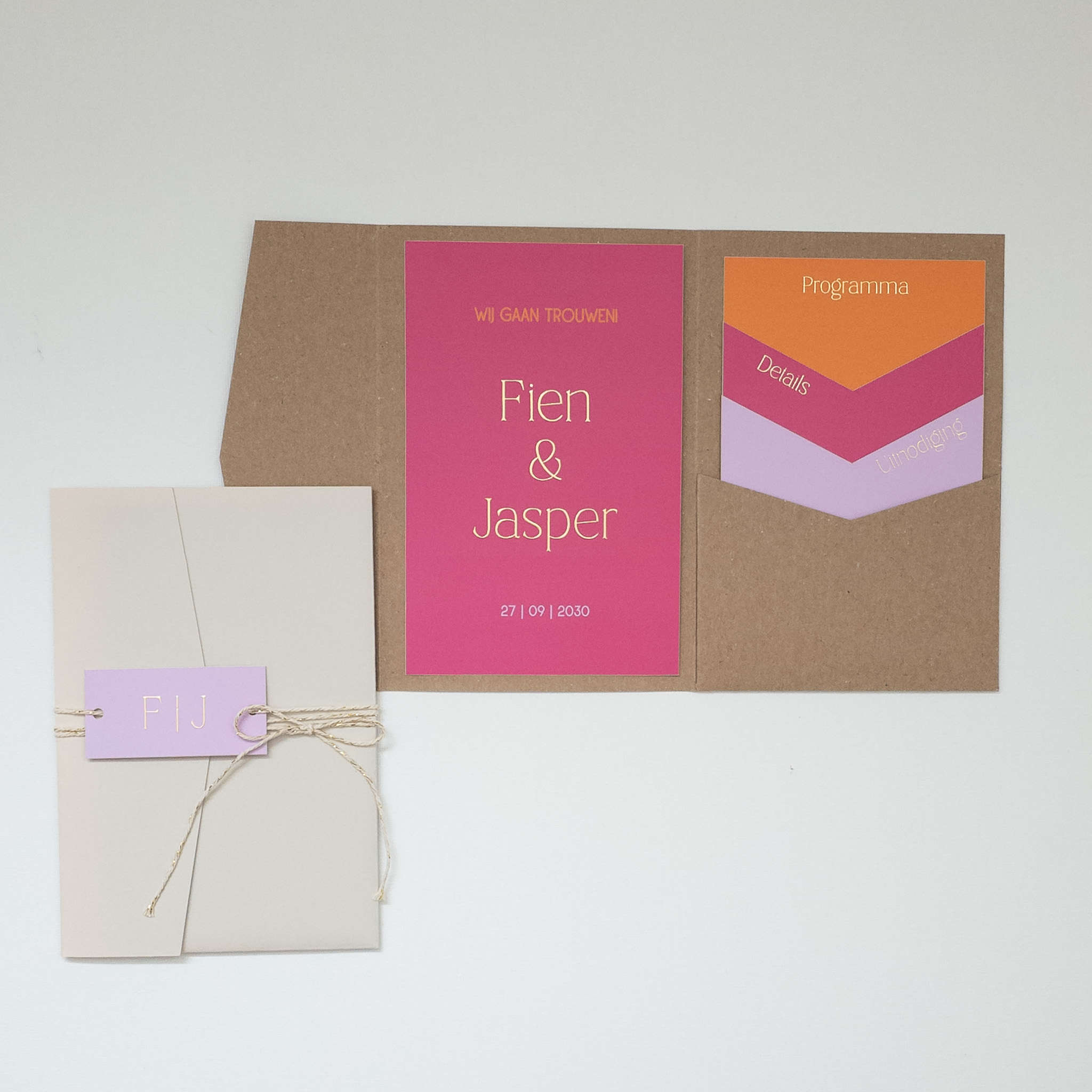 Pocketfold trouwkaart felle kleuren goud