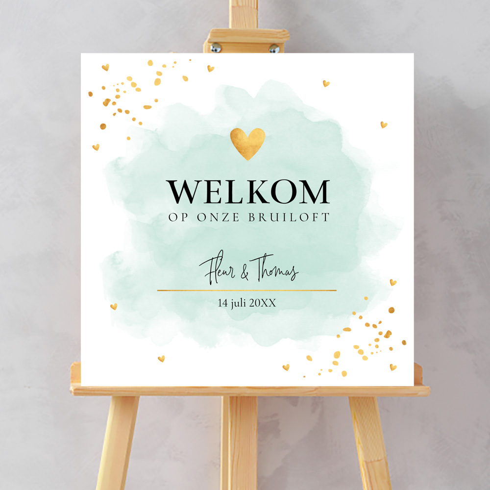 Bruiloftsbord groen waterverf goudlook welkom op onze bruiloft