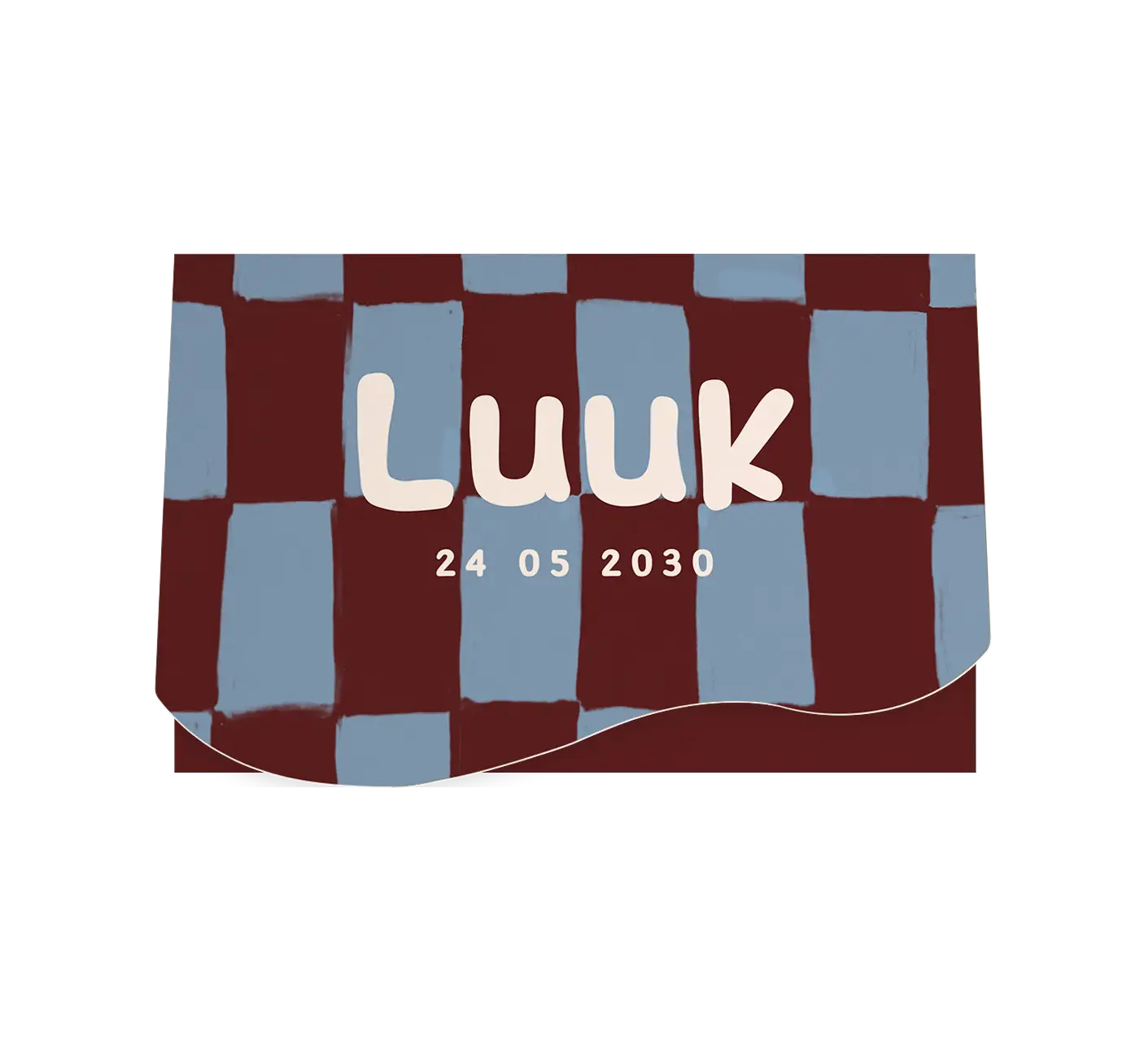Geboortekaartje in originele vorm met blauw en rood ruitpatroon