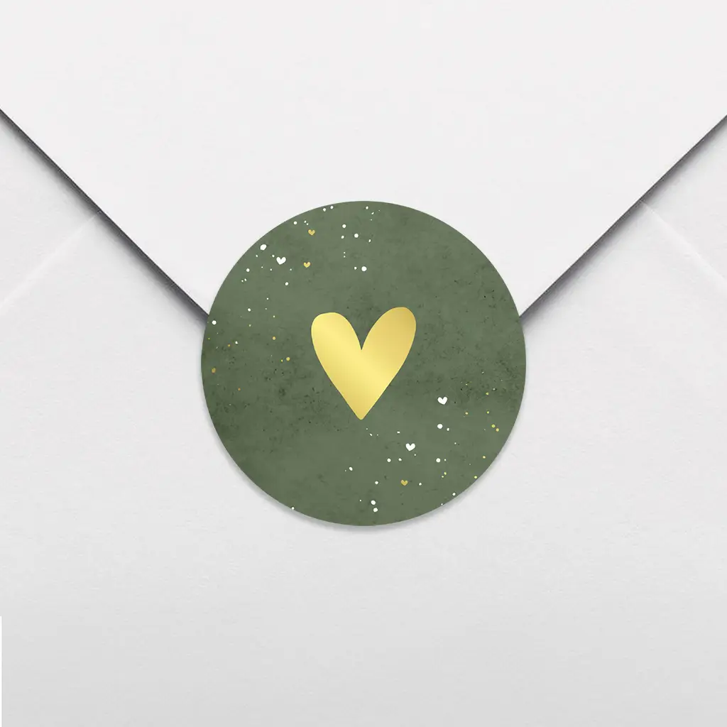 Sluitstickers donkergroen met hart in goudfolie - per vel