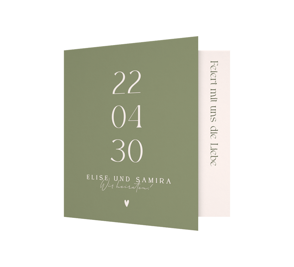 Stilvolle Hochzeitseinladung in Salbeigrün mit Datum