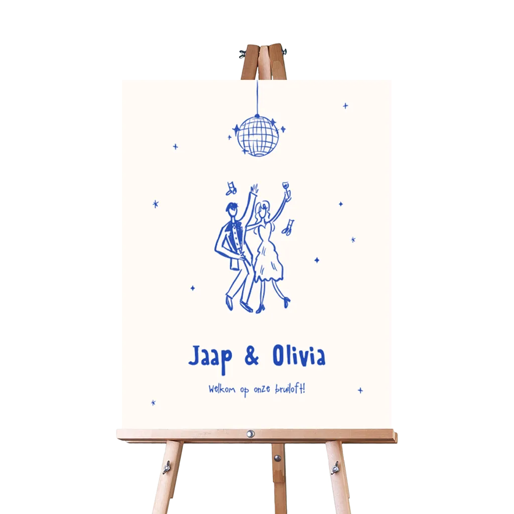 Welkomstbord bruiloft met illustraties in blauw