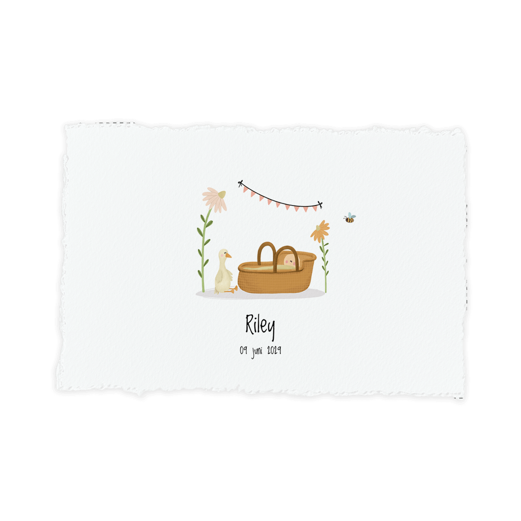 Geboortekaartje handgeschept papier look met baby in mandje