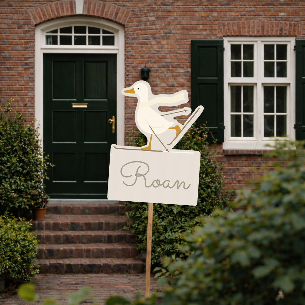 Tuinbord met eend op ski’s – Origineel geboortebord tuin