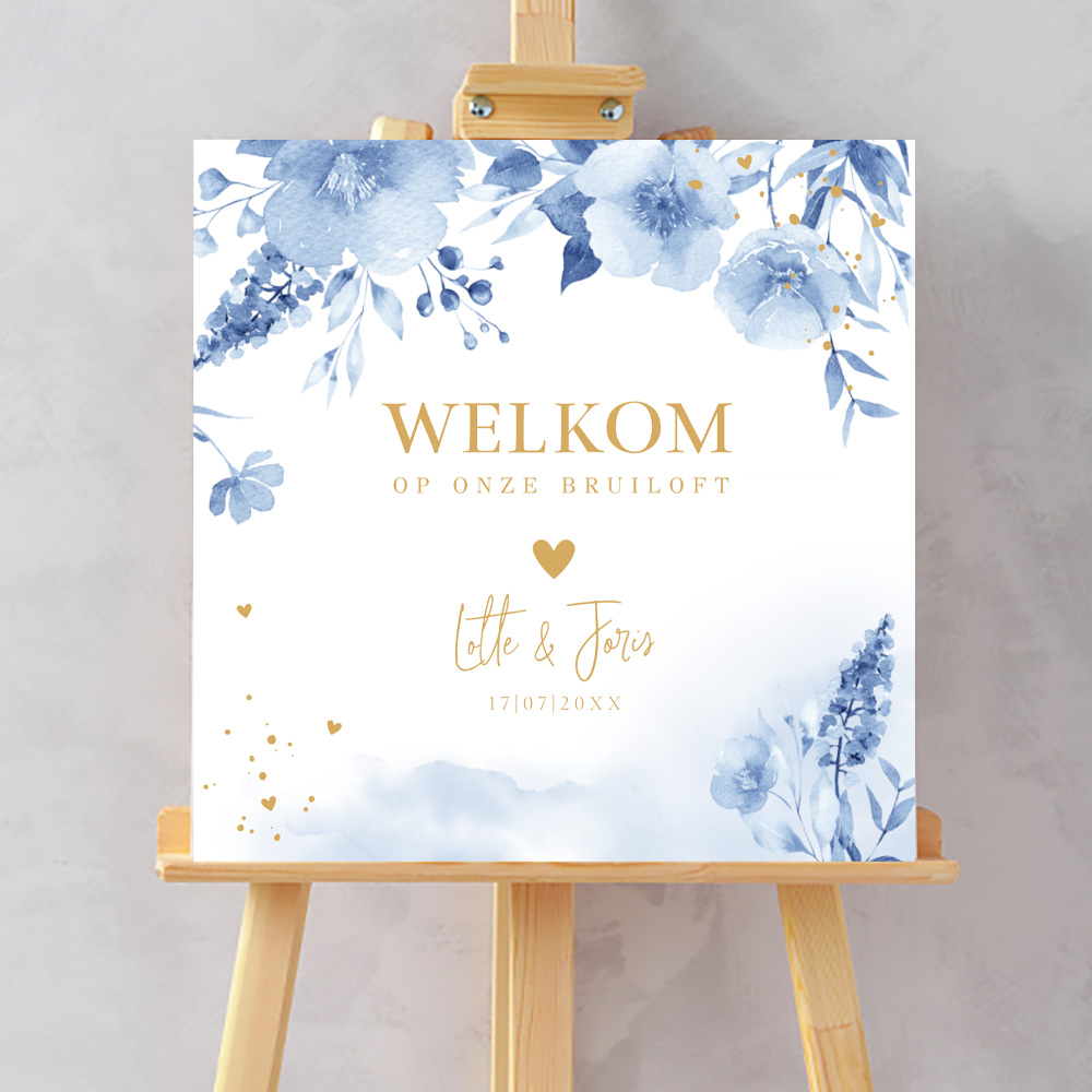 Bruiloftsbord waterverf bloemen blauw 70x70 cm