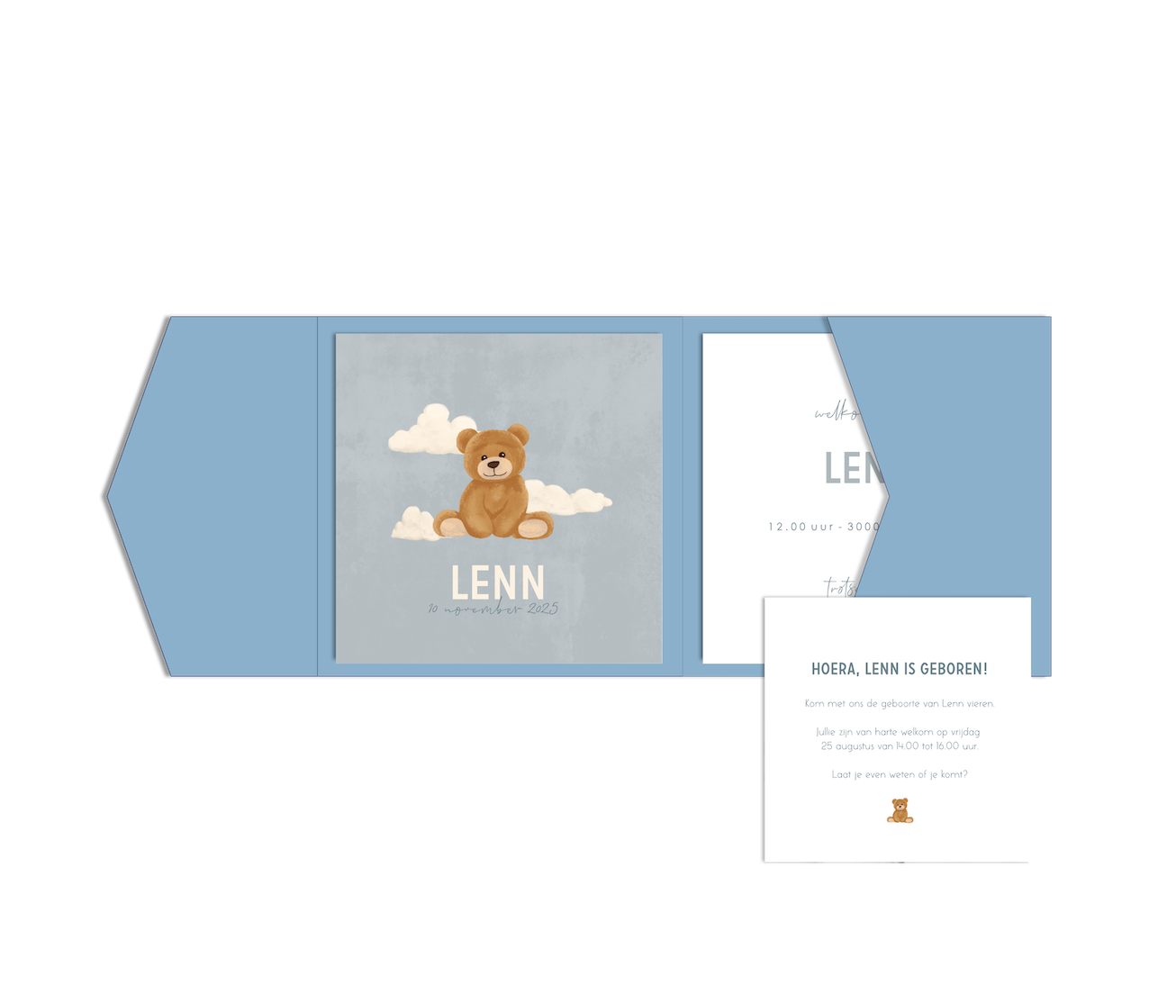 Pocketfold geboortekaartje lichtblauw met beertje