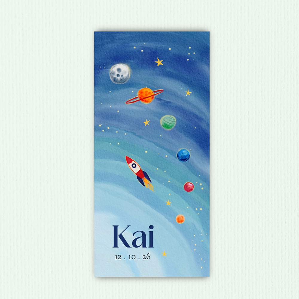 Geboortekaartje ruimtevaart met planeten en raket