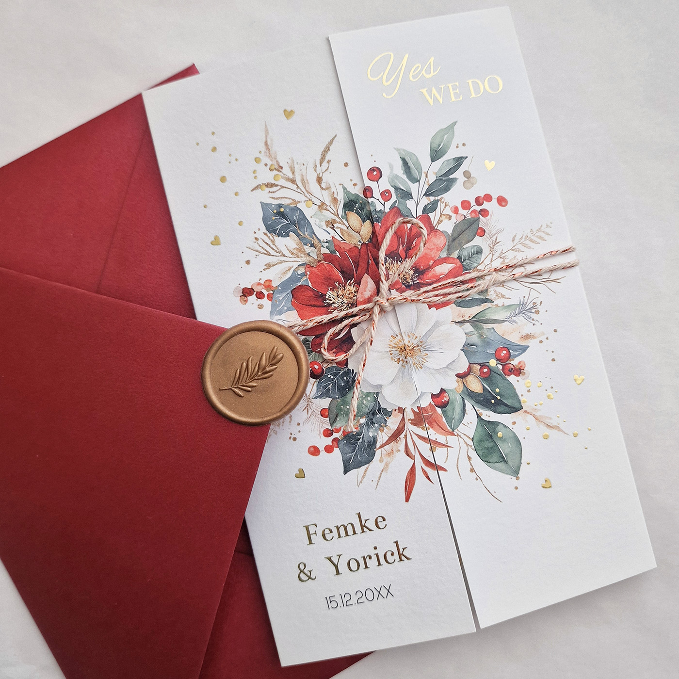 Drieluik trouwkaart kerst bloemen rood winter wedding