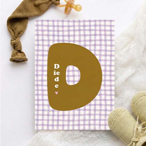 Geboortekaartje meisje kleurrijk lila ruitjes letter