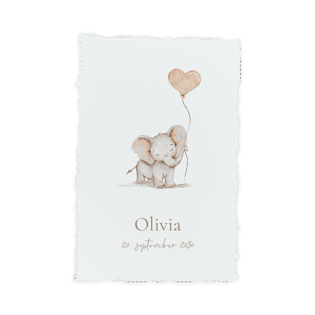 Geboortekaartje meisje met handgeschept papier look en olifantje (DIY)