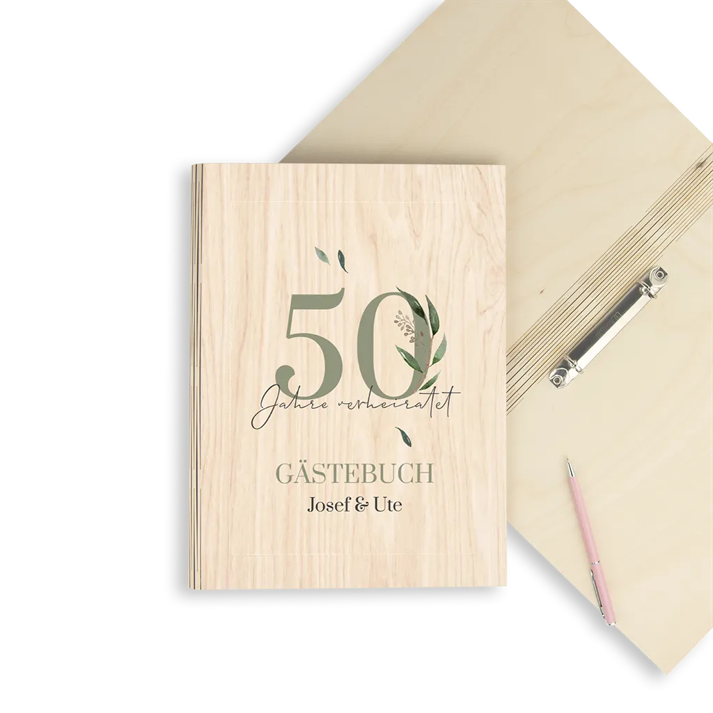Gästebuch aus Holz zur goldenen Hochzeit mit Zweigen