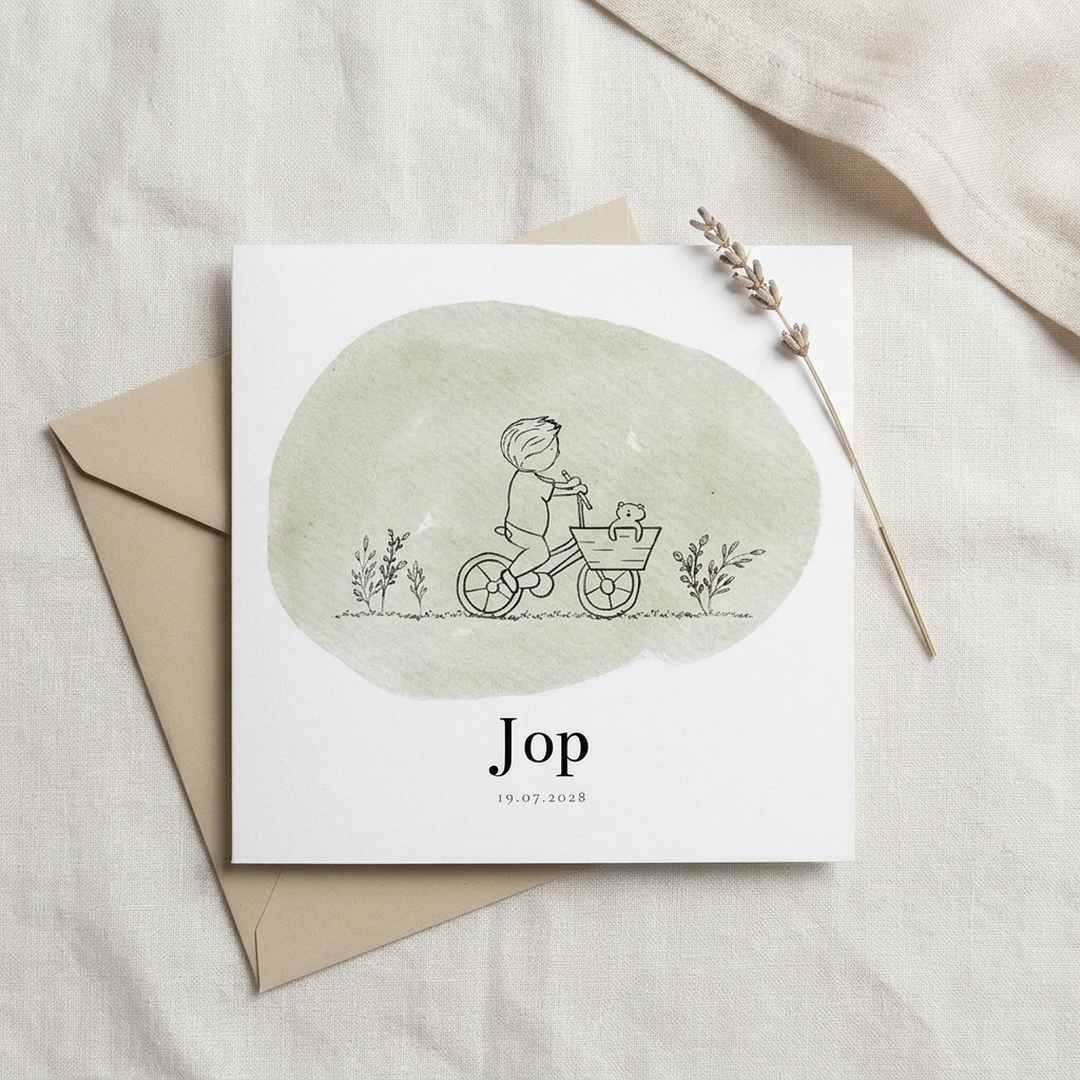 Geboortekaartje illustratie jongen bakfiets