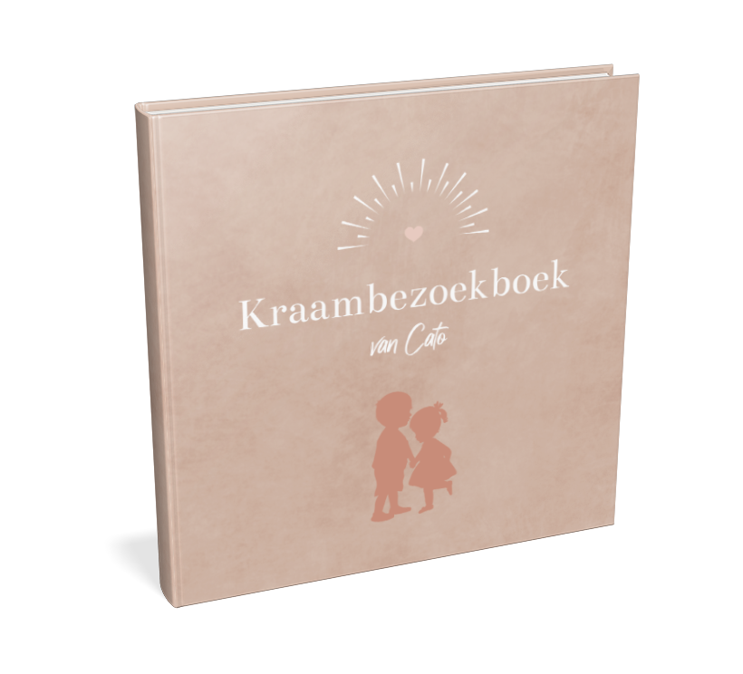 Velvet bruinroze kraambezoekboek met broer en zusje