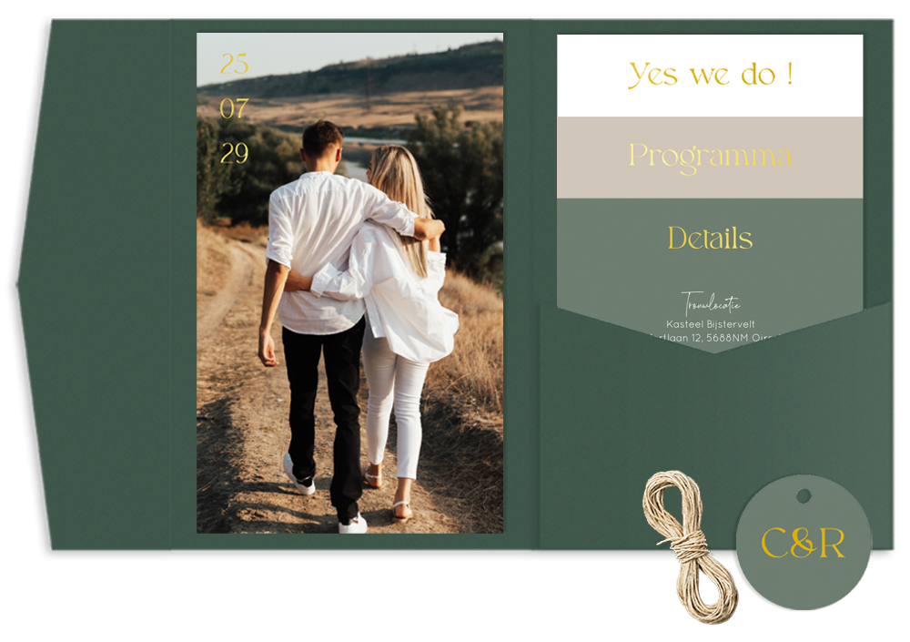 Pocketfold trouwkaart groen foto goudfolie