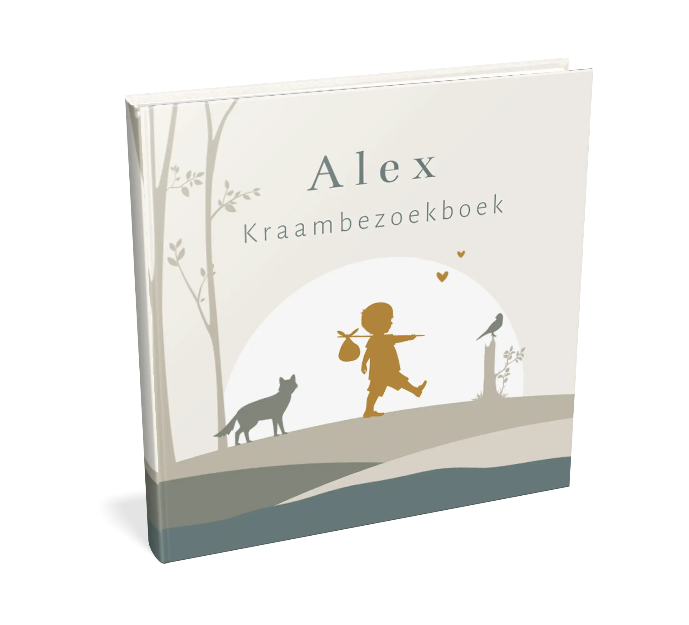 Stoer kraambezoekboek met het silhouet van een jongetje met knapzak
