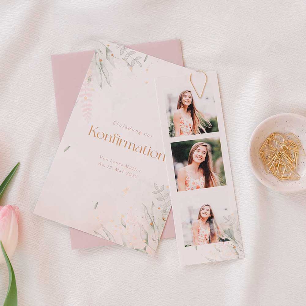 Stilvolle Einladung zur Konfirmation mit Zweigen und Fotostreifen