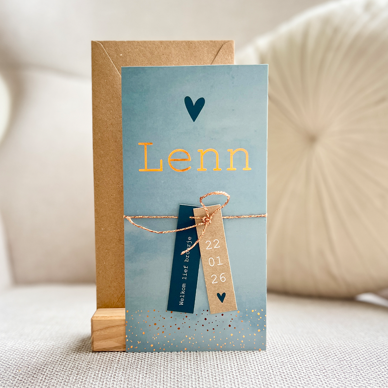 Geboortekaartje jongen blauw met label