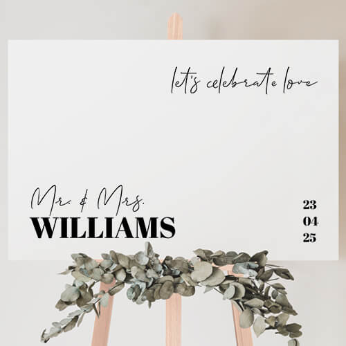 Bruiloftsbord minmalistisch tekst zwart wit